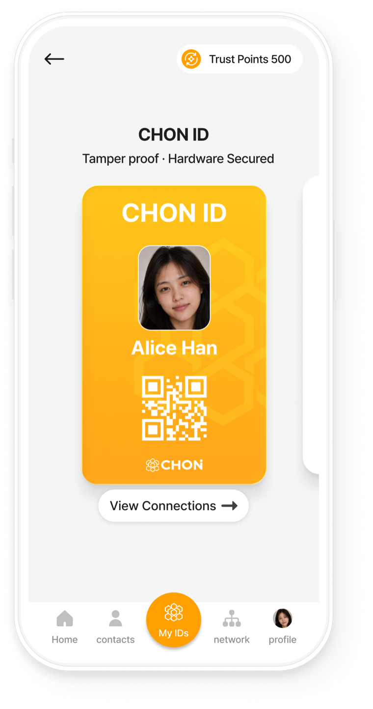 CHON ID 화면 — 전자서명된 신분증과 QR
